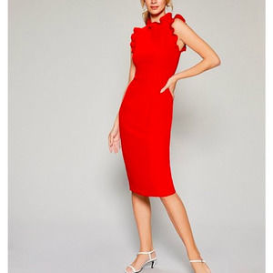 Maggy London Womens Ruffle Mock Neck Sheath Dress SIze 10 Red Knee Length NWT